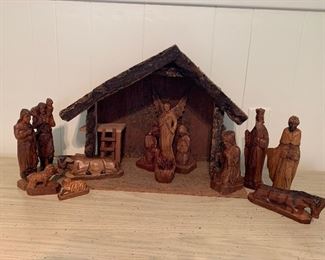 Large, carved wood nativity, South America