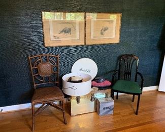 Asian chair, Asian prints, brass trunk, hats, black lacquer chair