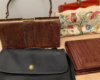 Vintage Coach leather; eel skin, leather, crewel