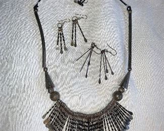 Reversible Silver necklace with two pairs of earrings, handmade, probably sterling