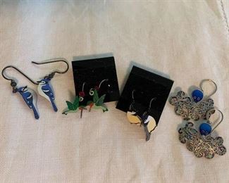 Enamel Bird and squid earrings