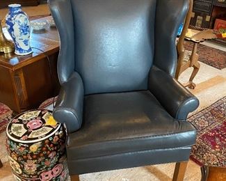 Ethan Allen Navy Leather Wing Chair