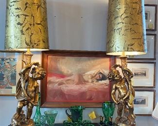 Vintage Nude Painting & LARGE Vintage Cherub Lamps