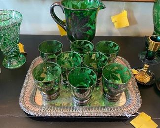 Vintage silver overlay green glass pitcher & glasses set