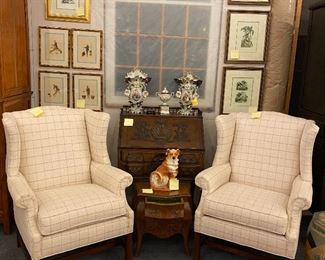 Pair upholstered wing chairs