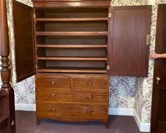 c1810 Mahogany inlaid linen press with 5 sliding trays. All original except brasses. 50" w x 23" d x 86" h