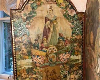 Amazing decoupage 4 panel Victorian screen depicting scenes of Victorian England. Leather bound edges. c1880