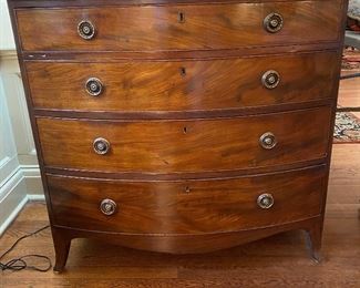 c1800 Hepplewhite mahogany bow front chest of drawers. 36-3/4" wide x 21-1/2" deep x 36" high