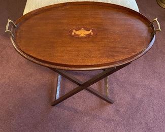 Antique inlaid mahogany tray on contemporary stand