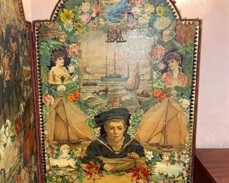 Amazing decoupage 4 panel Victorian screen depicting scenes of Victorian England. Leather bound edges. c1880