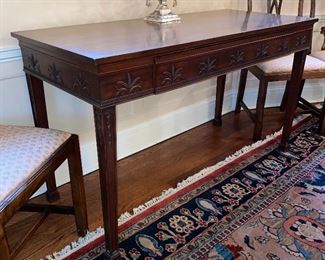 Mahogany table, decorated on all sides, with on "hidden" felt lined silverware drawer