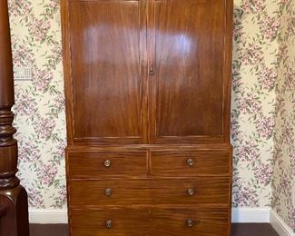 c1810 Mahogany inlaid linen press with 5 sliding trays. All original except brasses. 50" w x 23" d x 86" h