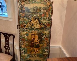 Amazing decoupage 4 panel Victorian screen depicting scenes of Victorian England. Leather bound edges. c1880