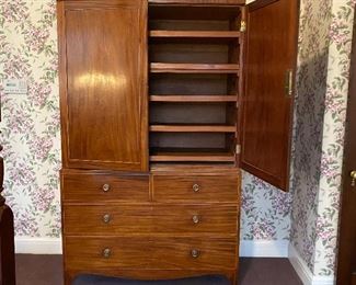 c1810 Mahogany inlaid linen press with 5 sliding trays. All original except brasses. 50" w x 23" d x 86" h