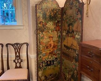 Amazing decoupage 4 panel Victorian screen depicting scenes of Victorian England. Leather bound edges. c1880