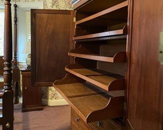 c1810 Mahogany inlaid linen press with 5 sliding trays. All original except brasses. 50" w x 23" d x 86" h