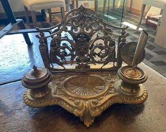 Large double vintage brass ornamental ink well and letter holder $150