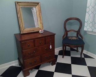 Pennsylvania House Bed Side Chest and Antique Frame and Chair.