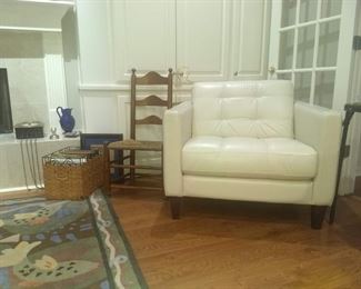 Macy's Mid Century Design extremely comfortable chair, "Fish  River" 100% Wool Rug,  Ladder Back Chair with Rush Seat.