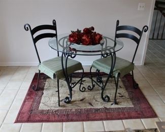 GLASS TABLE W/2 METAL CHAIRS, AREA RUG