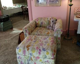 Floral chair and ottoman.