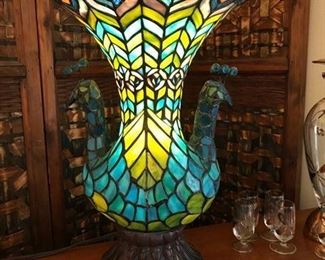 Stained glass peacock accent lamp