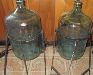 2 Vintage 5 Gallon Clear Glass Water Jug Bottle withTilting Metal Stand 