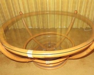 Mid-Century Rattan Glass Top Coffee Table 
