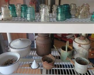 Vintage Glass Insulators, Enamelware, Metal Watering/Gas Cans