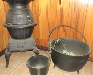 Sun Cast Iron Stove & 2 Vintage Cast Iron Camp Stove Cauldron Pots with Handles 1 Small & 1 Large Footed