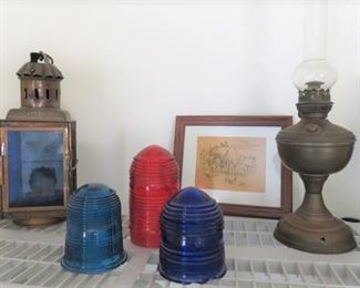 Brass Lantern, Vintage Airport Runway Light Glass Covers, Brass Oil Lamp