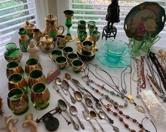 Enameled Glassware, spoons and some of the costume jewelry