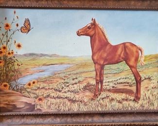 Dot Larsen Oil Painting on Canvas  Foal Watching Butterfly - Titled What's Cookin'