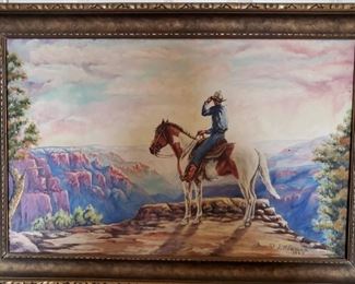 Western Painting Titled Sunset L.H. Dude Larsen 1943 Cowboy Horse Utah Canyon