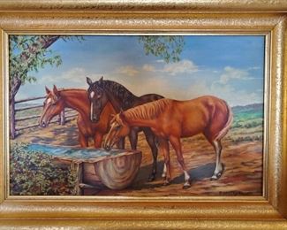 Oil Painting Cool Water Dot Larsen Horses at Trough Western Art