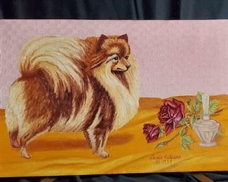 Oil on Canvas Pomeranian Dog with Roses and Perfume Larsen