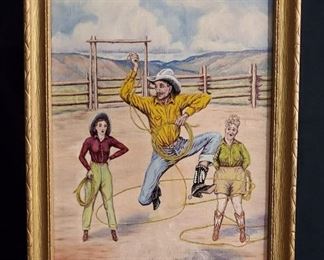 Oil Painting How Cowboys Keep Young L.H. “Dude” Larsen 1946 Western Roping Art