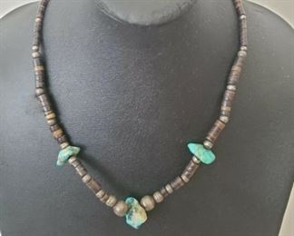 Vintage Native American Silver Leather Bead Turquoise Necklace 18"
