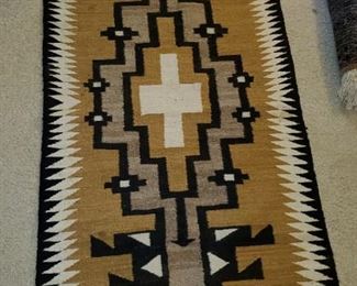 1940s Navajo Blanket Black White Tan Wool 56x28