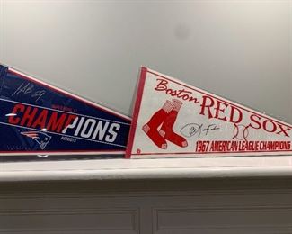 1967 Boston Red Sox Pennant flag signed by Carl Yastrzemski   &   Patriots Pennant Flag signed by Justin Bethel                                                                                             