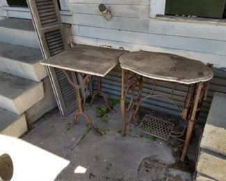 2 antique sewing machine bases with  marble tops