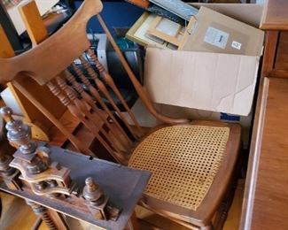 antique rocker, clock, benches, etc.