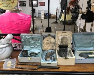 Vintage silver plate baby sets.