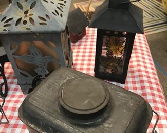 Lanterns and vintage metal tins.