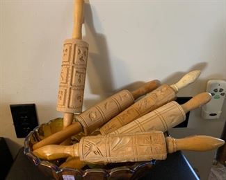 Large assortment of wooden rolling pins with Designs