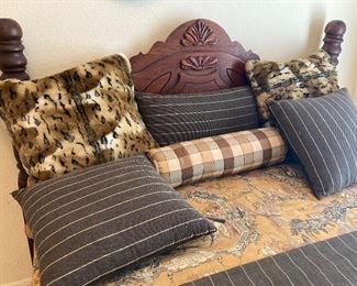 Wooden full size bed and custom bedding