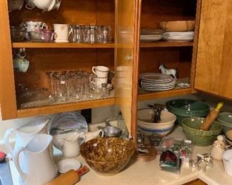 Kitchen 
Ironstone pitchers, pottery bowls, spatter ware bowl
