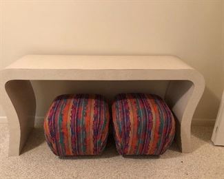 BUY IT NOW! $395 contemporary Post Modern curved laminate console table 60"W x 16"D x 29"H  
NOTE: Poufs SOLD