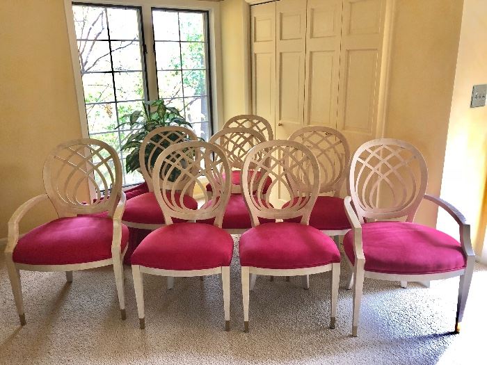 BUY IT NOW! $1000 or best offer Henredon whitewashed oak dining chairs, tapered legs with brass feet, excellent condition - 2 arm chairs w/ 24"w seats +6 side chairs. (Orig price $5000+)
