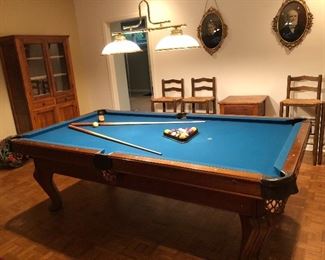 BUY IT NOW! $595 (or best offer) Brunswick 8 ft Pool table "Chateau" in good condition with blue felt & leather pockets, includes 7 pool sticks, 1 bridge, 1 felt brush, pool balls 97"L x 53.5"W